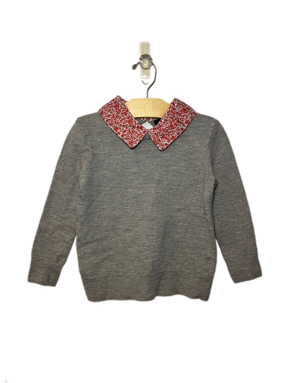 J. Crew Girls Small Grey Merino Wool Sweater with Red Floral Collar